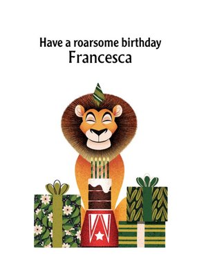 Beautiful Illustration Of A Smiling Lion With A Cake And Presents Personalised Birthday Card