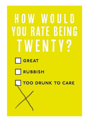 Mungo And Shoddy Typographic Alcohol Funny Twenty 20 Birthday Card