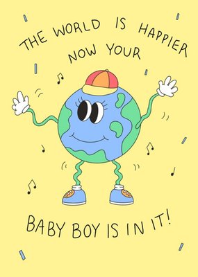 Aleisha Earp Illustration Of The World Smiling And Dancing To Music New Baby Boy Card