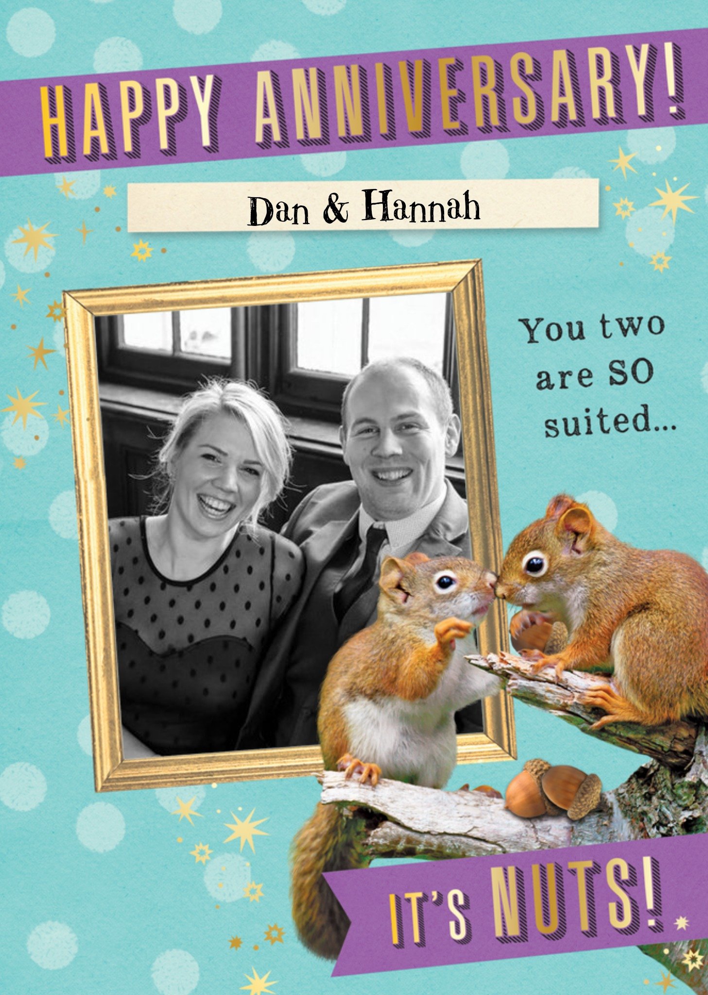 Moonpig You Two Are So Suited It's Nuts Personalised Photo Upload Happy Anniversary Card, Large
