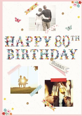Happy 80th Birthday butterfly photo upload card