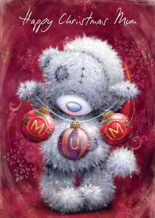 Tatty Teddy With Baubles Maroon Personalised Merry Christmas Card For Mum