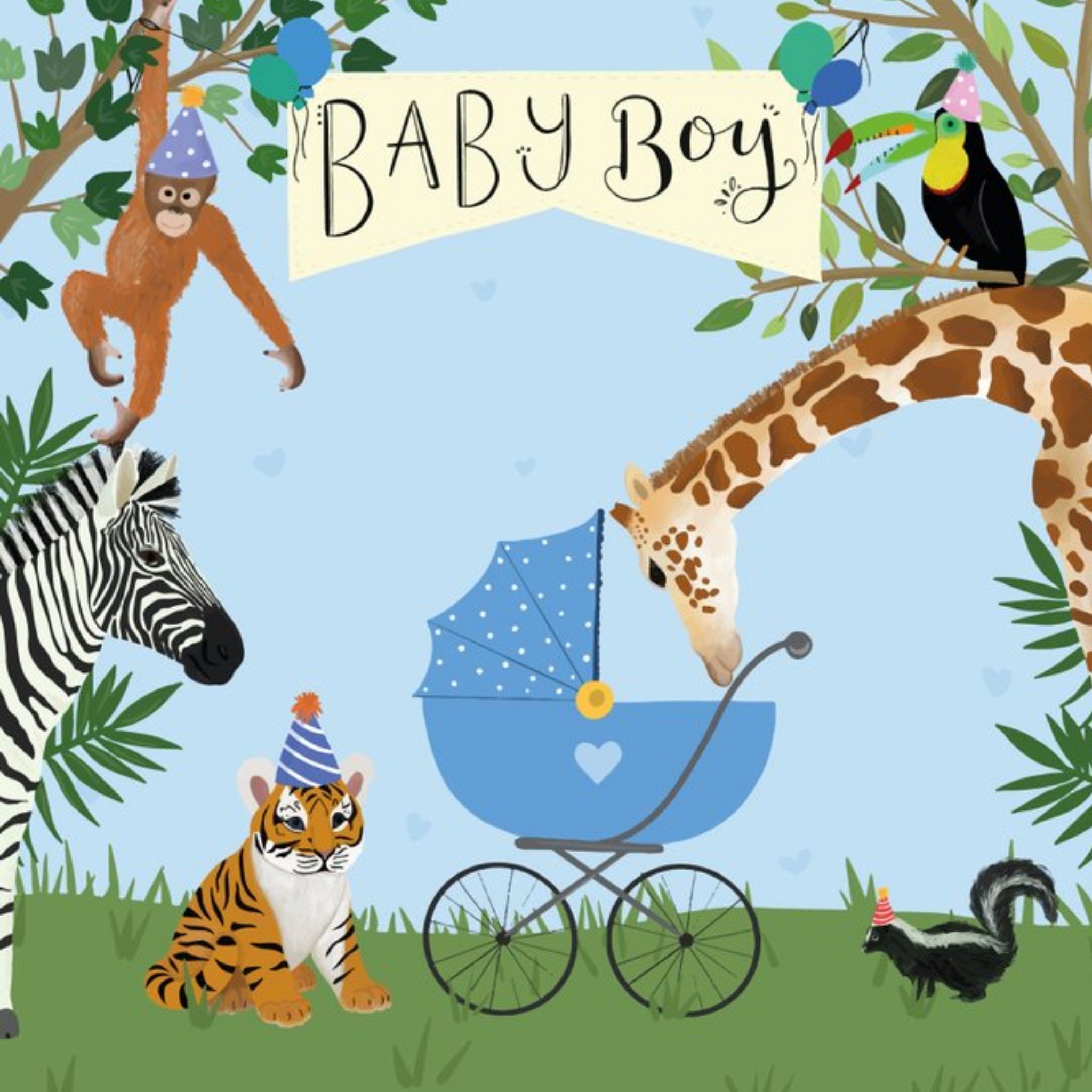 Baby Boy Zoo Animals New Baby Card, Square