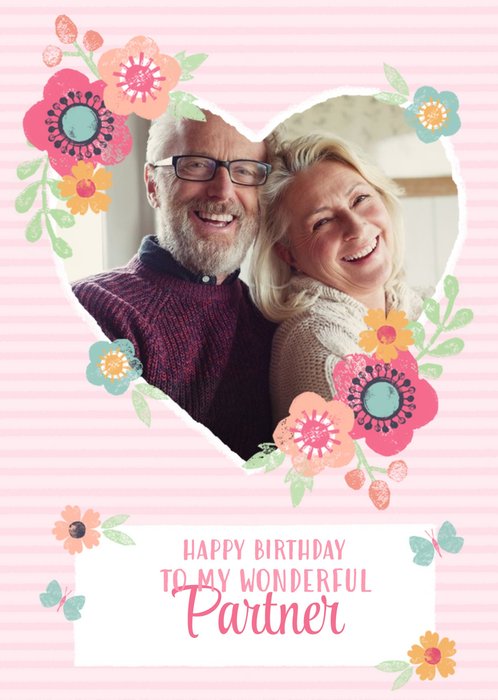 Striped And Flower Design Happy Birthday Photo Card