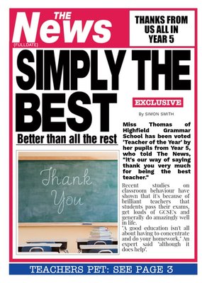 Simply The Best Teacher's Pet Newspaper Headline Personalised Card