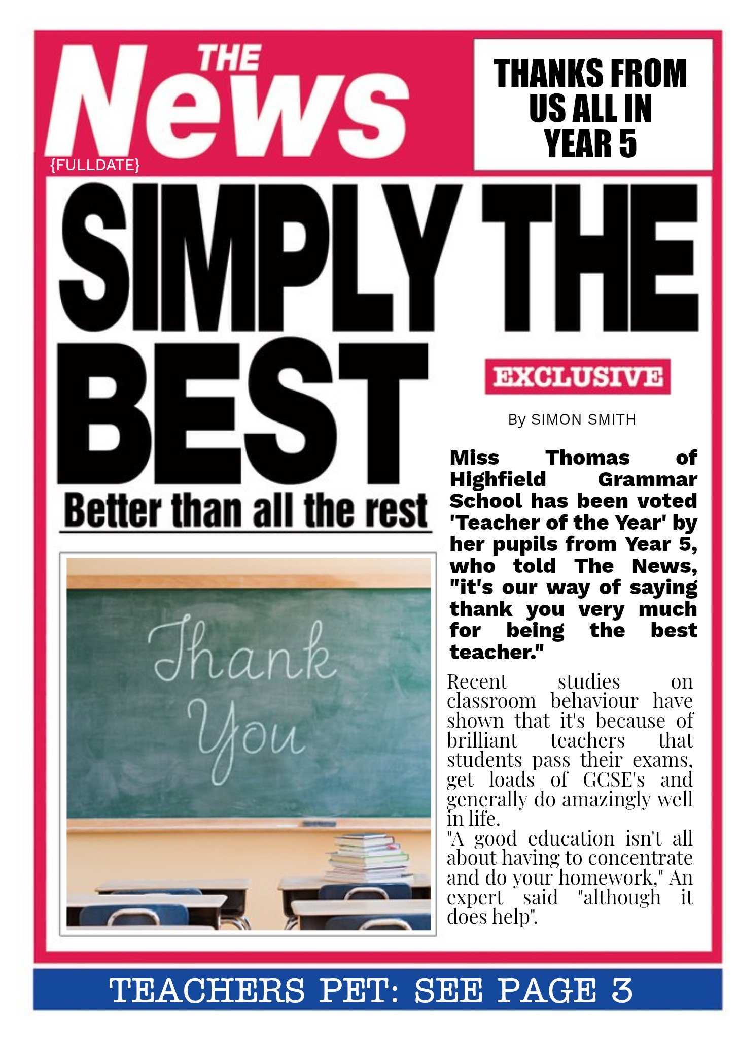 Moonpig Simply The Best Teacher's Pet Newspaper Headline Personalised Card, Large