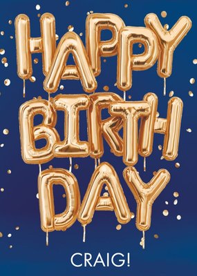 Gold Letter Balloons On A Blue Background Happy Birthday Card