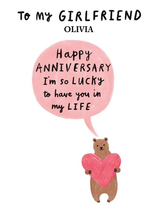 Cute Illustrative Love Heart and Bear Girlfriend Anniversary Card