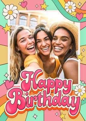 70s Inspired Retro Patterned Birthday Photo Upload Card