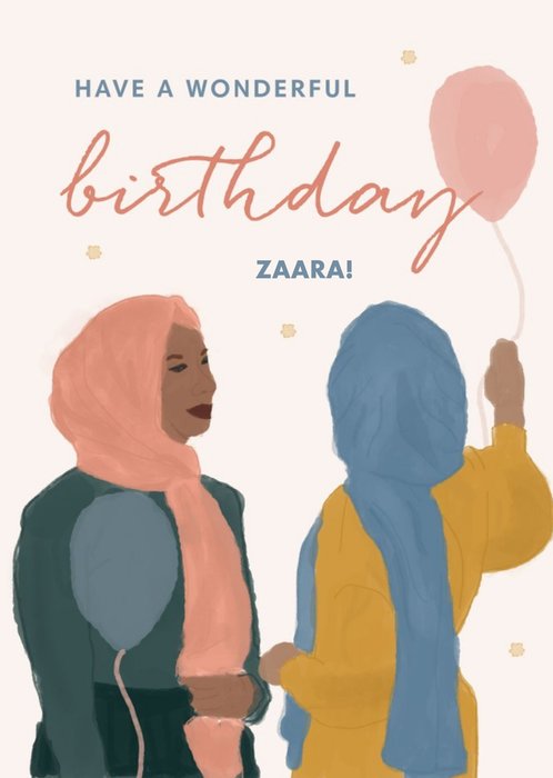 Illustration Of Two Ladies Wearing Headresses And Holding Balloons Have A Wondeful Birthday Card