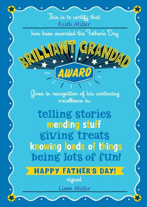 Brilliant Grandad Award Fathers Day Card