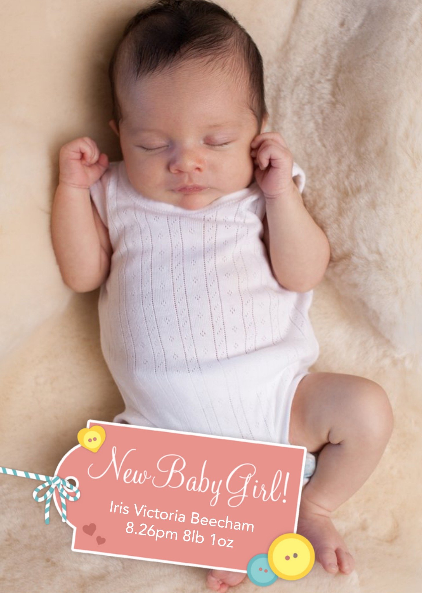 Moonpig Coral Tag Personalised Photo Upload New Baby Girl Card, Large
