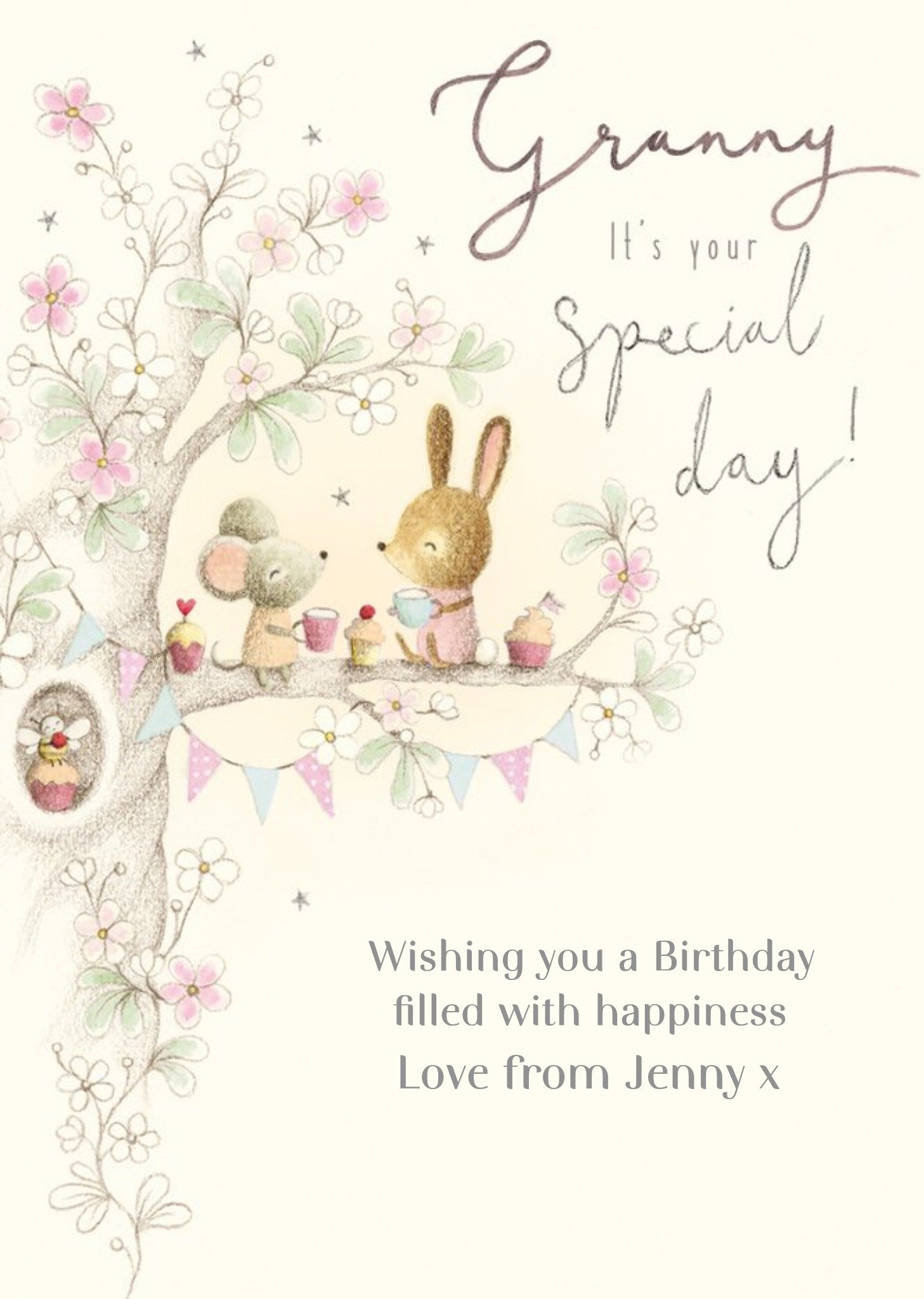 Illustration Of A Mouse And A Rabbit Sitting In A Tree With Tea And Cupcakes Grandma's Birthday Card Ecard