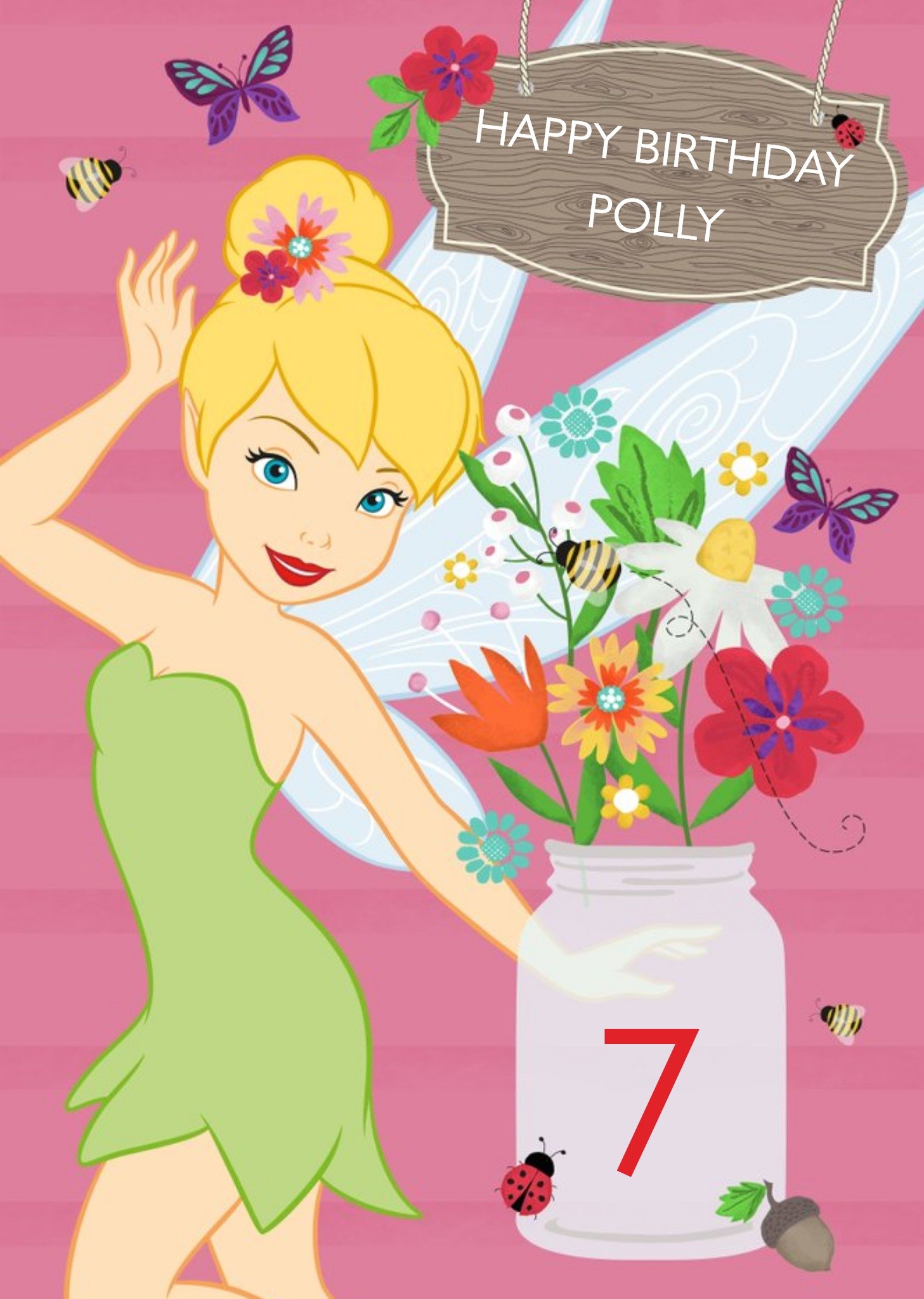 Disney Tinkerbell And Jar Of Flowers Personalised Happy Birthday Card, Large