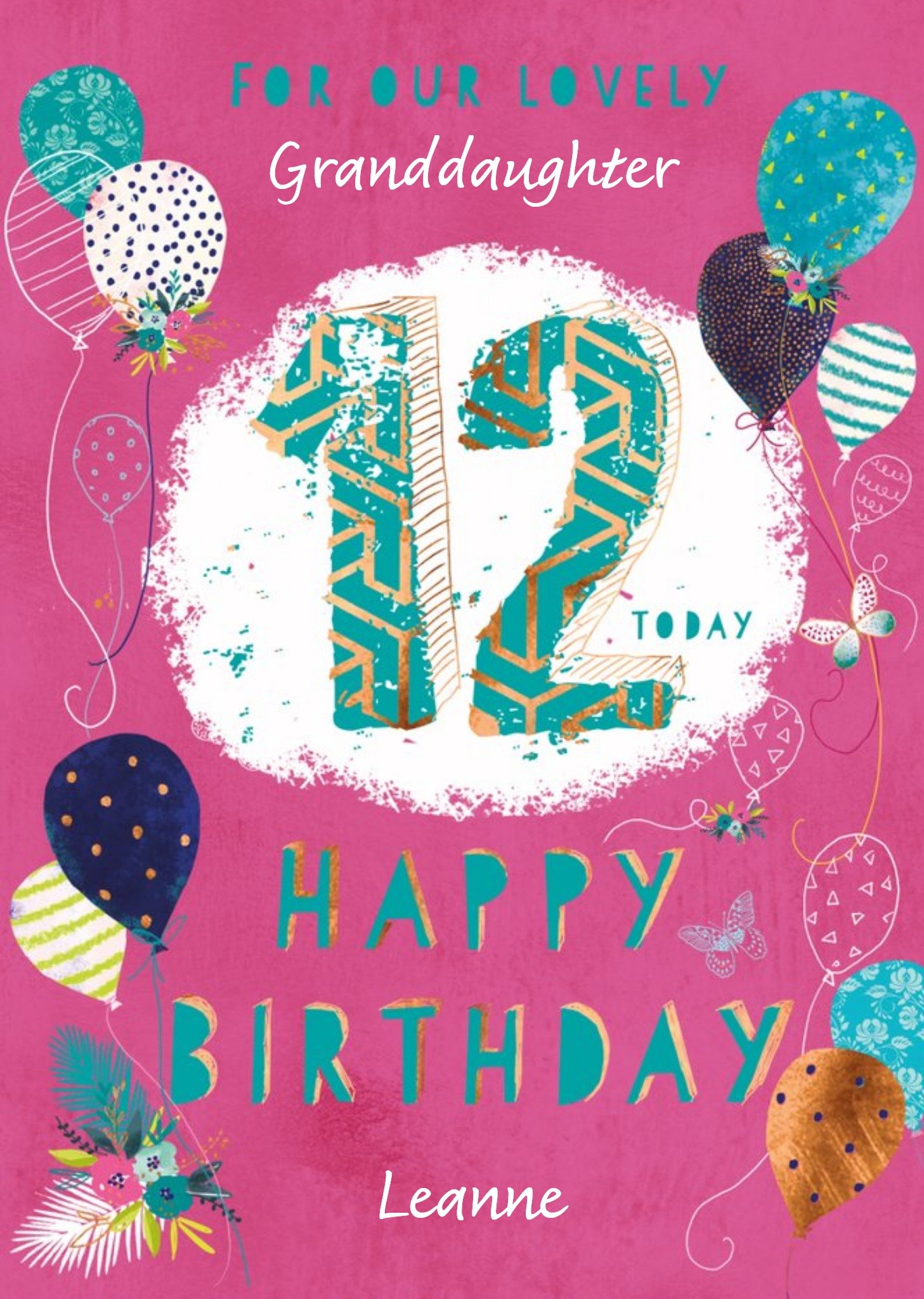 Ling Design Illustrations Of Balloons Flowers And Butterflies Granddaughter's Twelfth Birthday Card,