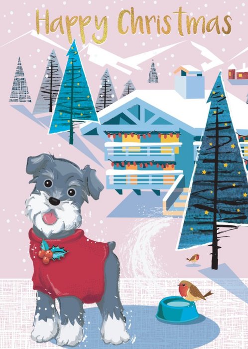 Cute Illustrative Winter Landscape Shnauzer Dog Christmas Card