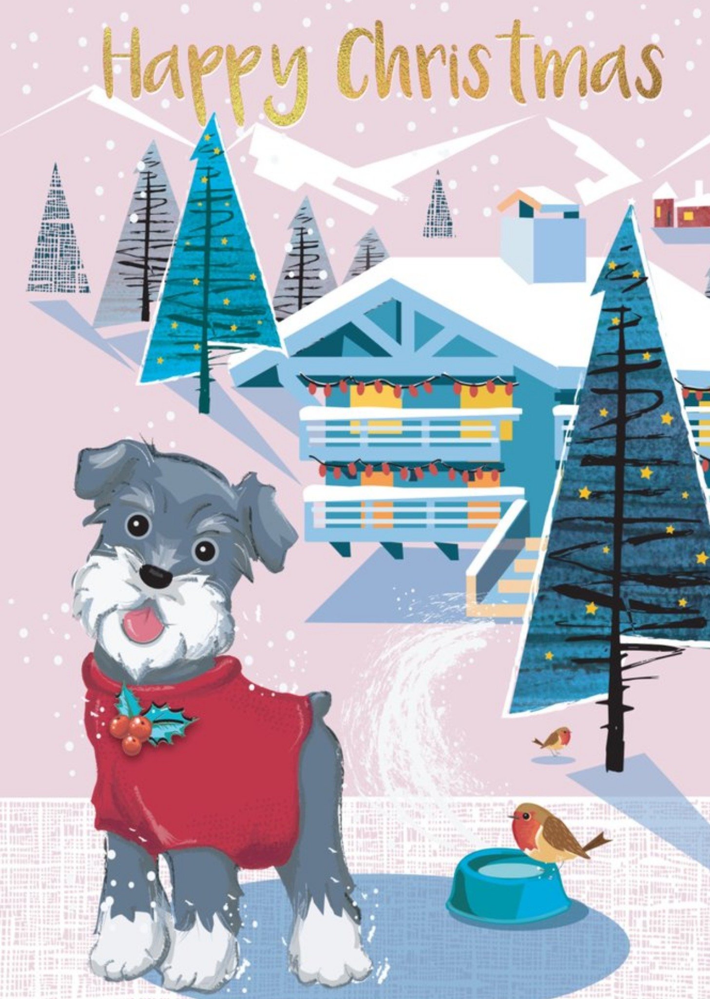 Cute Illustrative Winter Landscape Shnauzer Dog Christmas Card Ecard