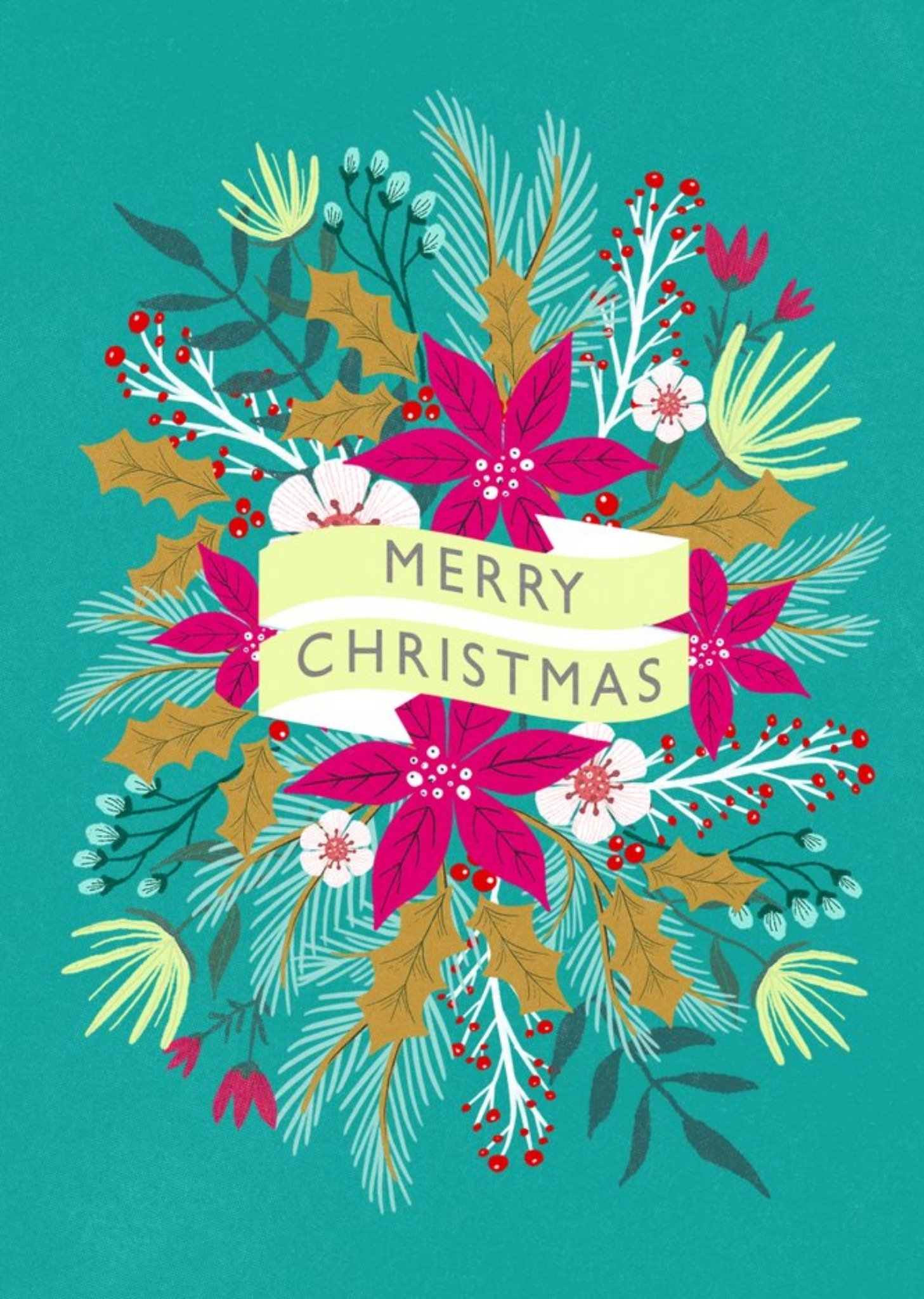 Moonpig Merry Chirstmas Banner Floral Card Ecard