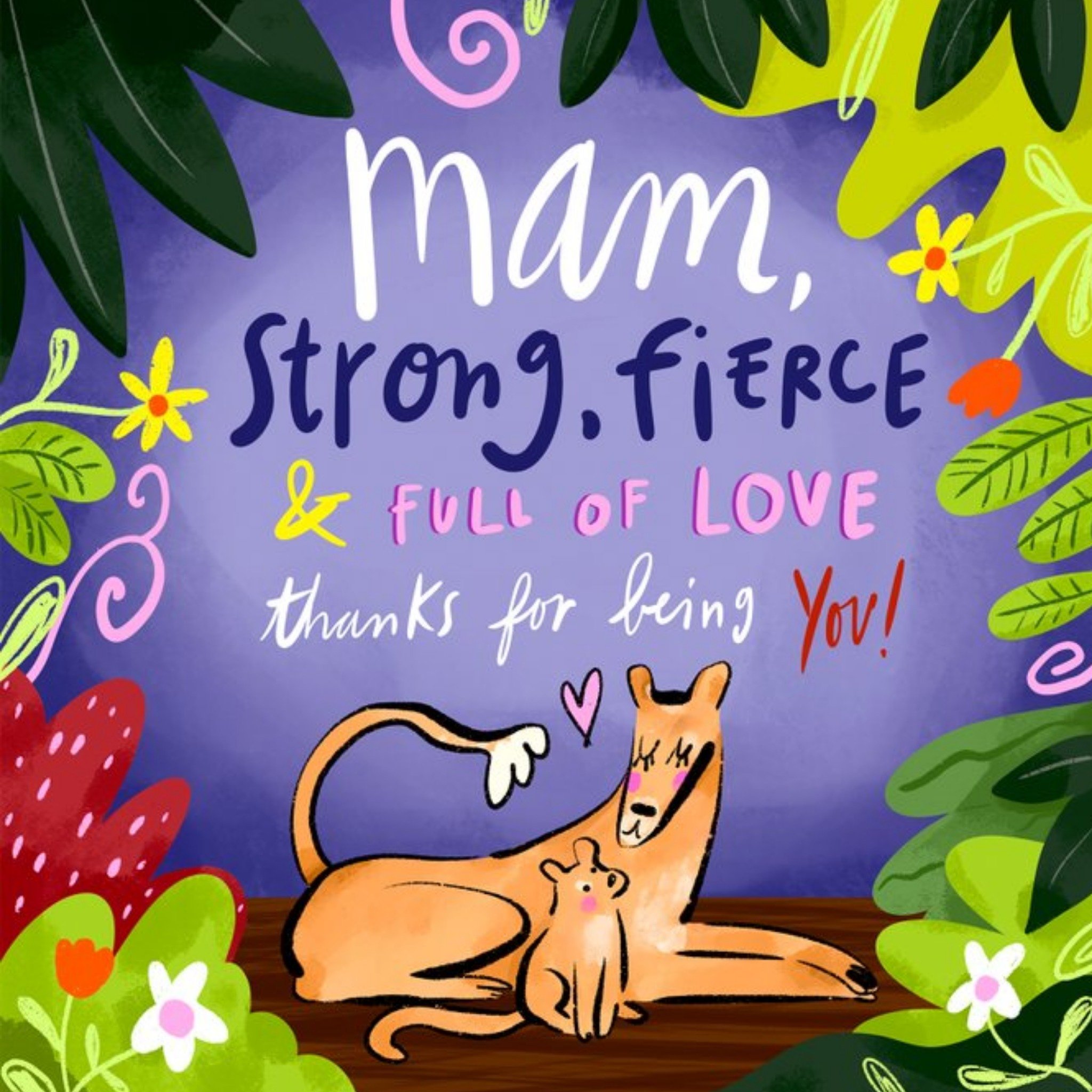 Illustration Of A Lion And Her Cub Surrounded By Vibrant Jungle Foliage Mothers Day Card, Square