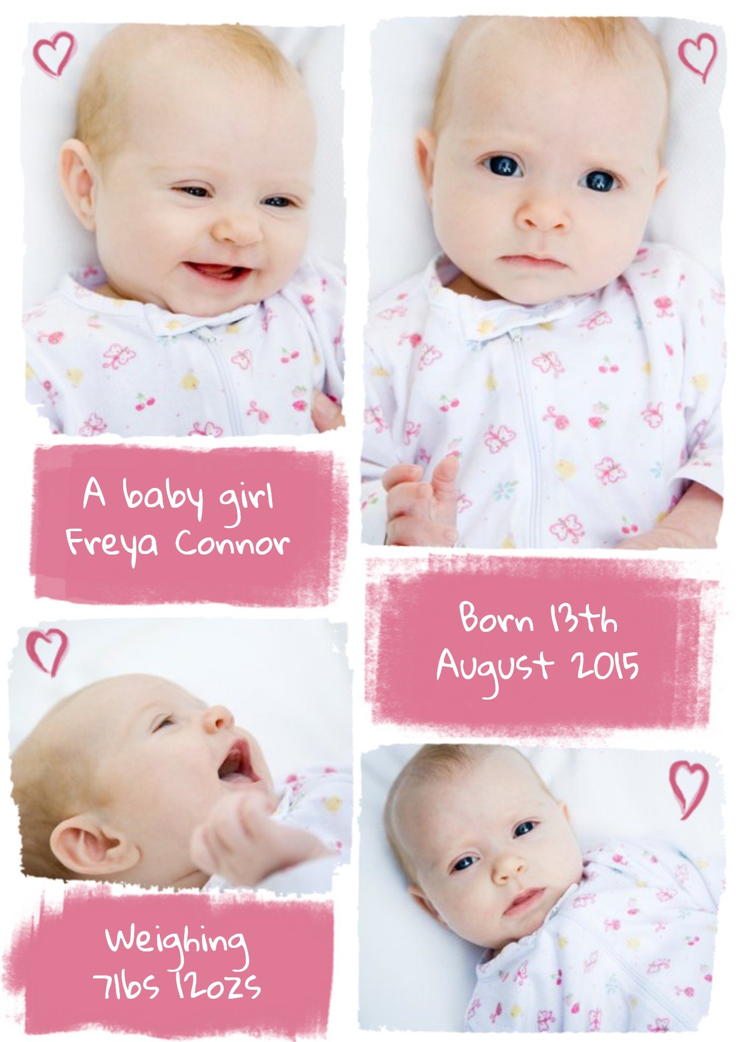 Moonpig Little Hearts Personalised Photo Upload New Baby Girl Postcard