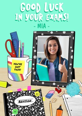 Illustration Of A Desk With Stationery And A Photo Frame Good Luck In Your Exams Photo Upload Card