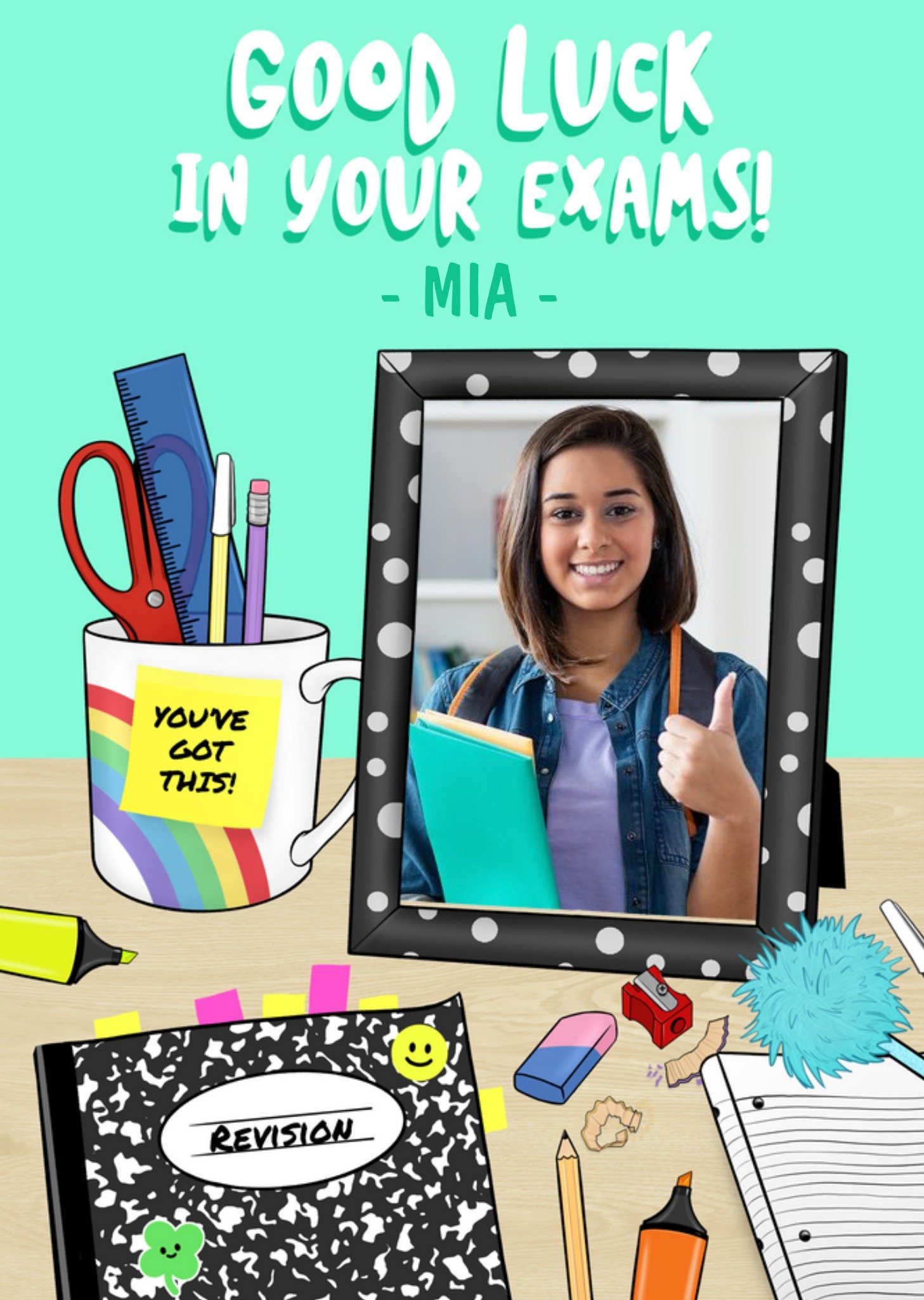 Moonpig Illustration Of A Desk With Stationery And A Photo Frame Good Luck In Your Exams Photo Uploa