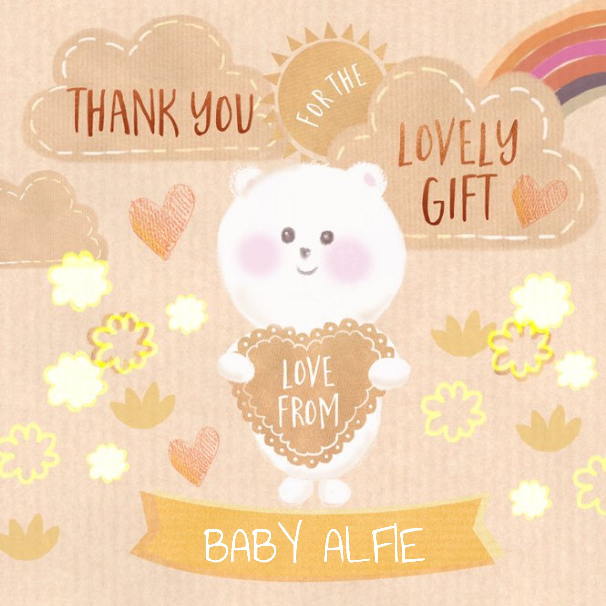 Catherine Worsley Cartoon Bear Clouds Sun Rainbow Gift Cute Thank You Card, Square