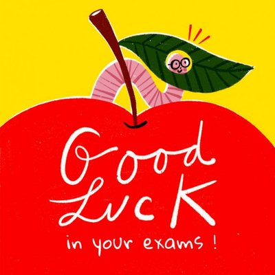 Illustration Of A book Worm On The Top Of A Red Apple Good Luck In Your Exams Card