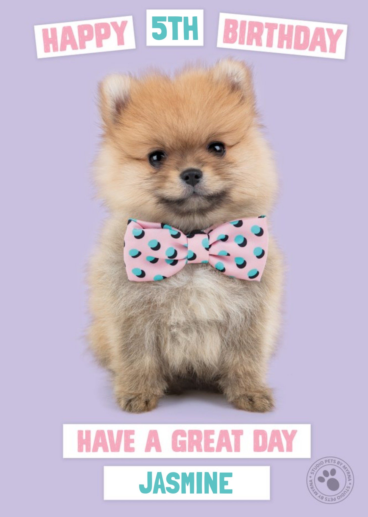 Studio Pets Birthday Card Pomeranian Puppy With A Bow-Tie Ecard