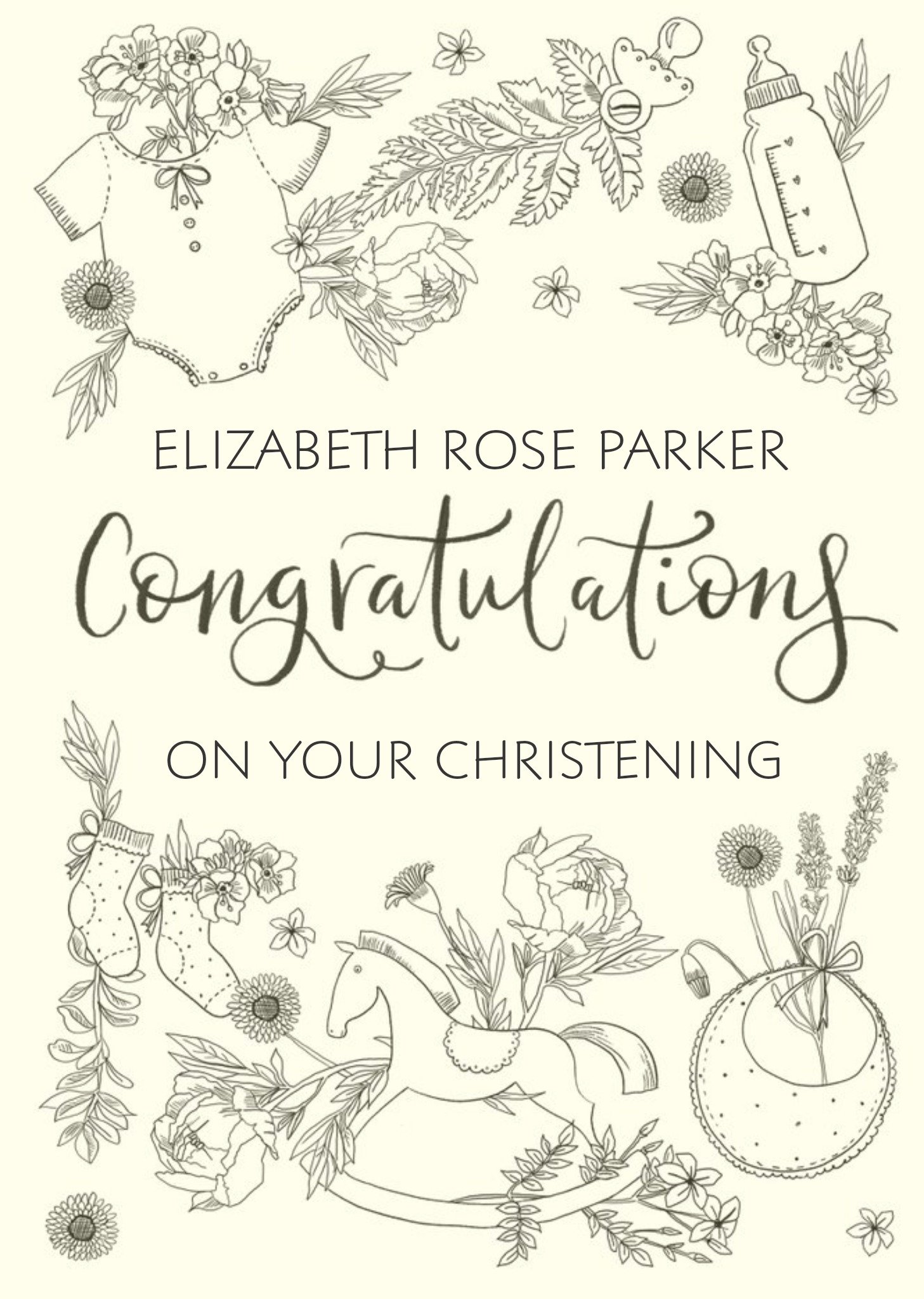 Okey Dokey Design Line Drawing Christening Floral Cute Card Ecard