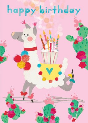 Llama and Cupcake Illustration Happy Birthday Card