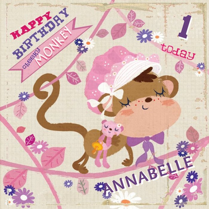 Monkey In Pink Vines Personalised Happy 1st Birthday Card