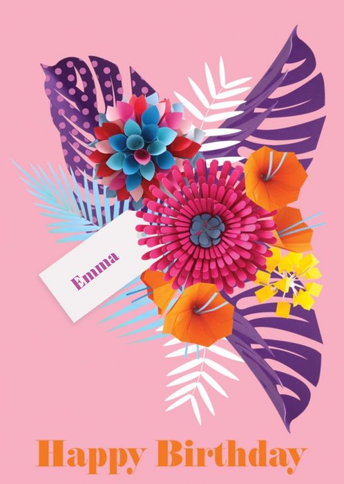 Bright Pink Tropical Flowers Personalised Happy Birthday Card
