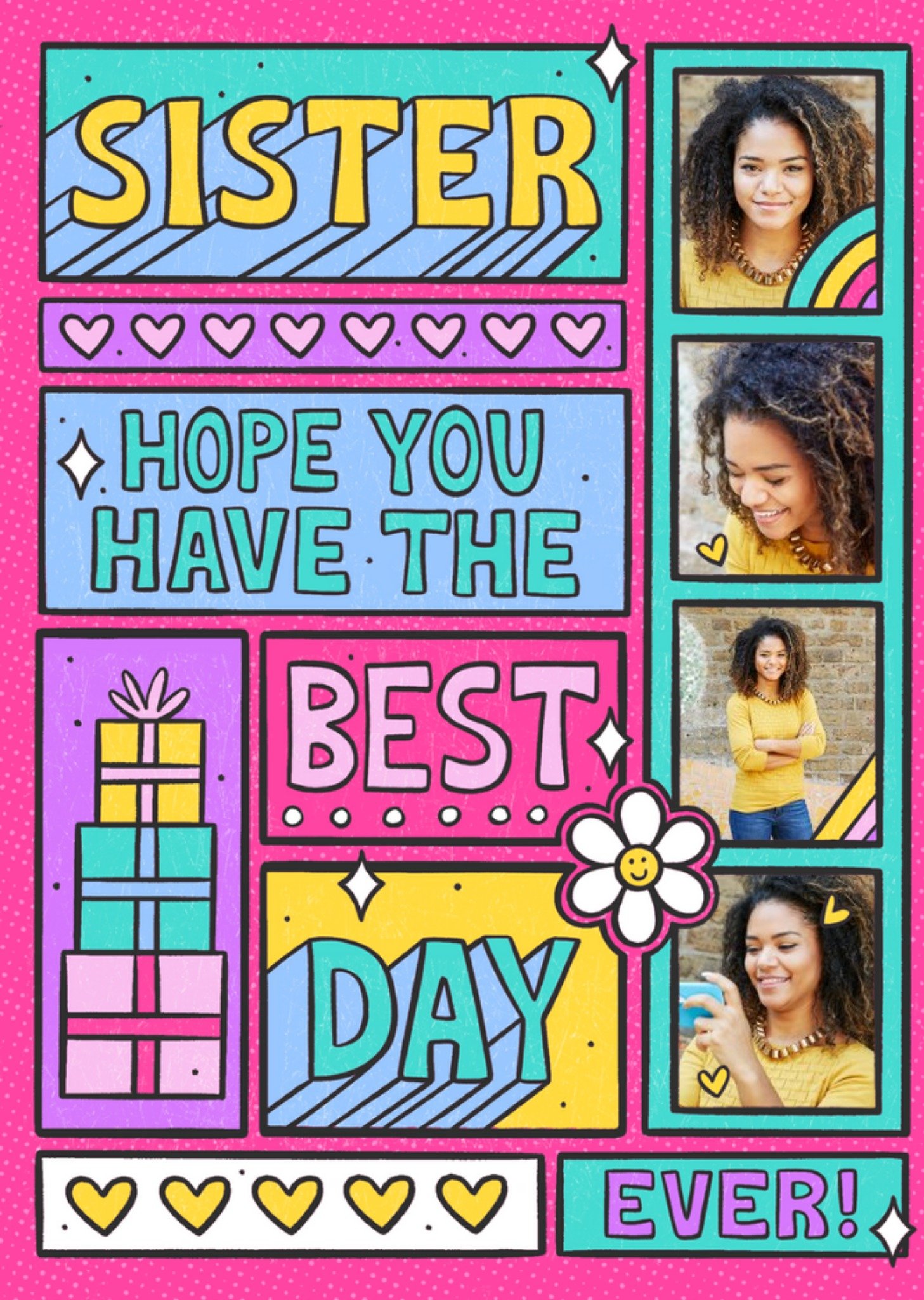 Moonpig Bright Graphic Typographic Icons Sister Best Day Ever Multiple Photo Upload Birthday Card Ec