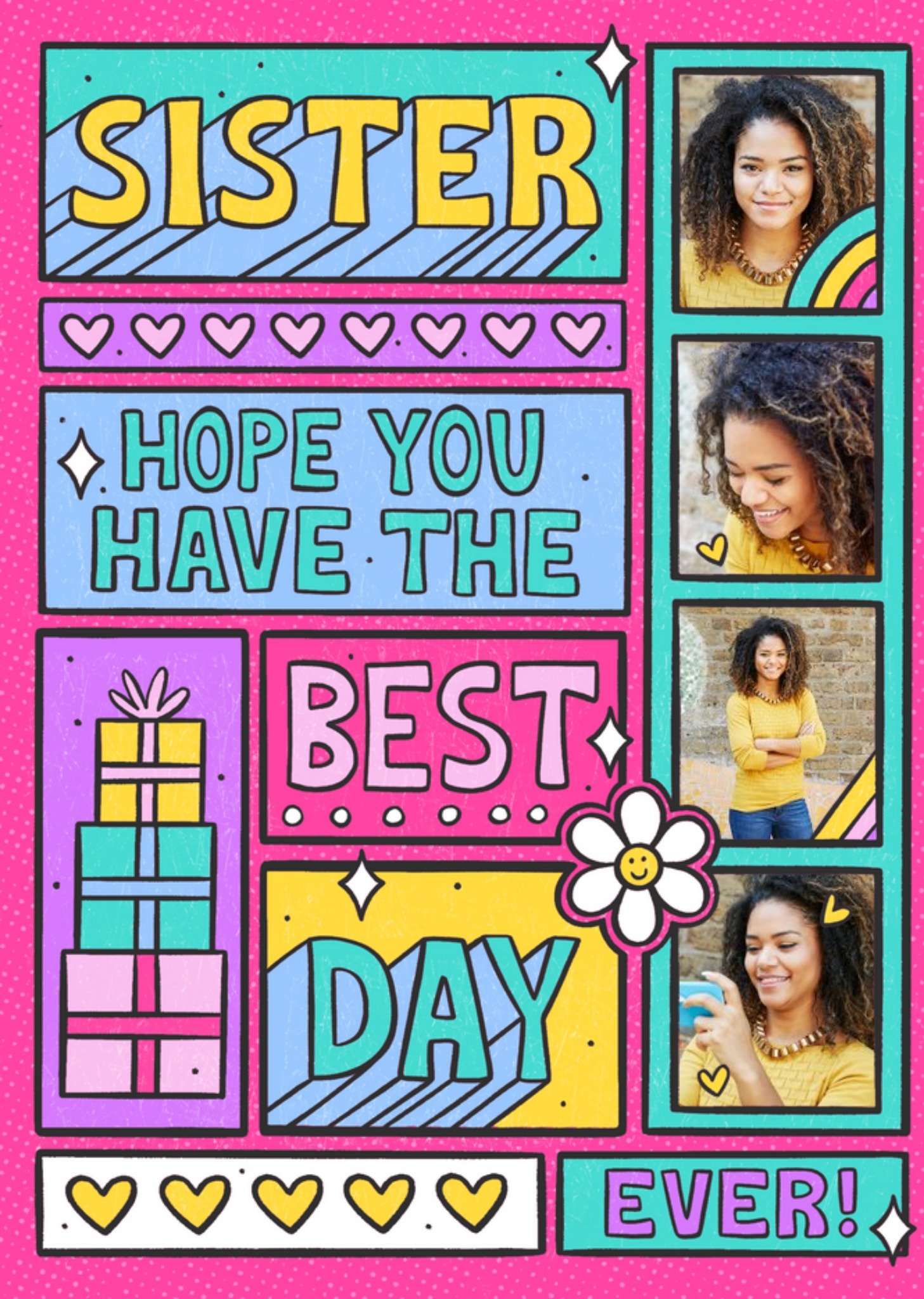 Bright Graphic Typographic Icons Sister Best Day Ever Multiple Photo Upload Birthday Card Ecard