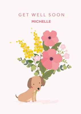  Cute Sausage Dog Floral Get Well Soon Card