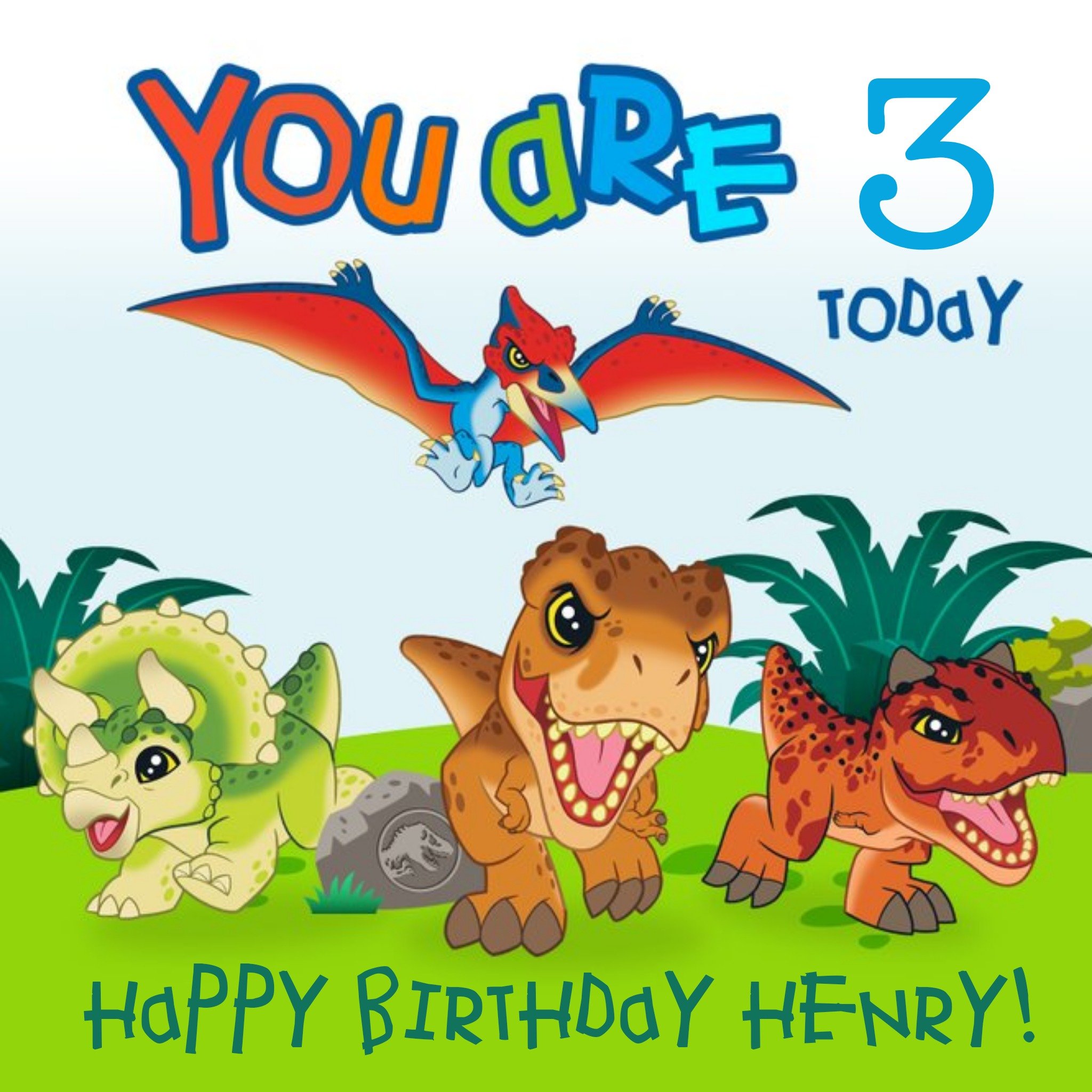 Jurassic Park Cute Cartoon Dinosaurs 3 Today Birthday Card, Square
