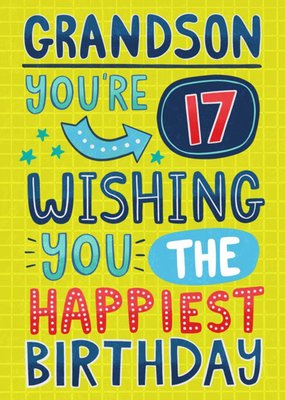 Typographic Grandson You're 17 Wishing You The Happiest Birthday Card