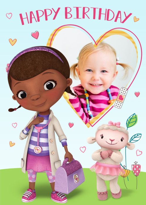 Doc Mcstuffins And Lambie Heart Shaped Photo Upload Happy Birthday Card