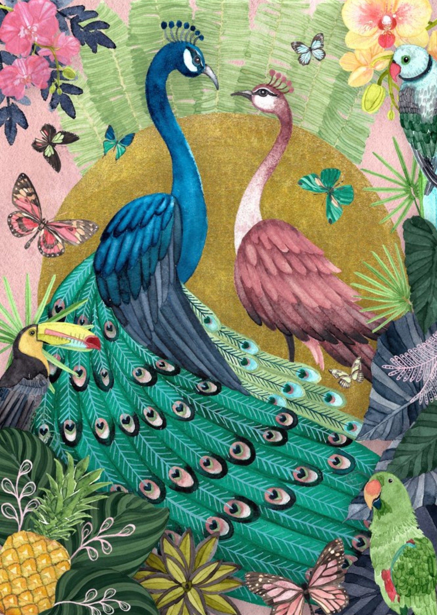 Traditional Colourful Illustrated Peacocks Card Ecard