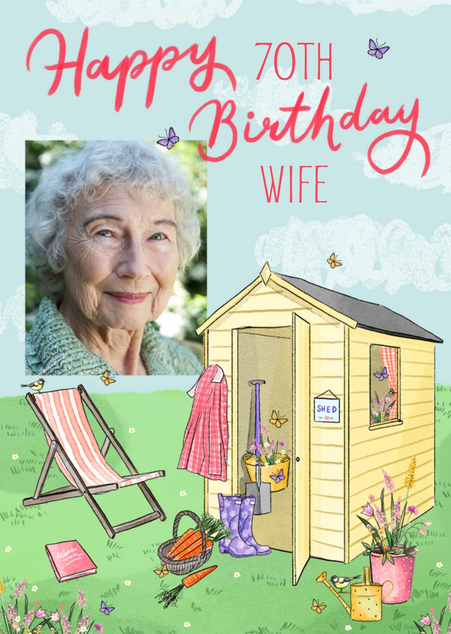 Okey Dokey Design Okey Dokey Illustrated Garden Shed Happy 70th Birthday Wife Photo Upload Card Ecard