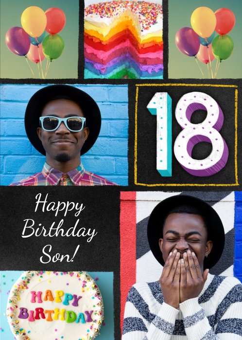 Colourful Typographic Son 18th Birthday Photo Upload Card