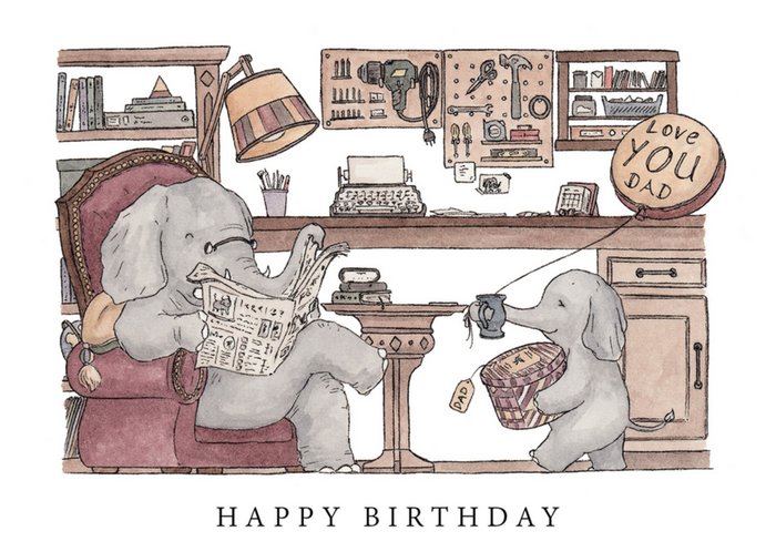 Father and Child Elephant Illustration Birthday Card
