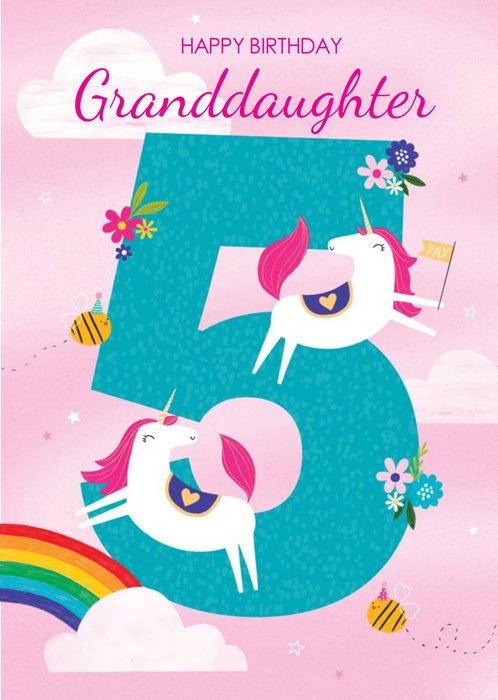 Happy Birthday Granddaughter Unicorn Rainbows 5th Birthday Card