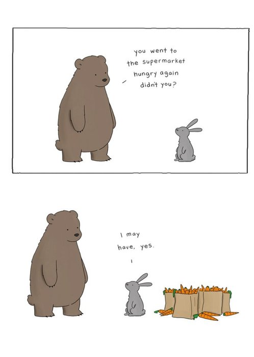 Modern Funny Illustration Bear And Rabbit Went To The Supermarket Hungry Card