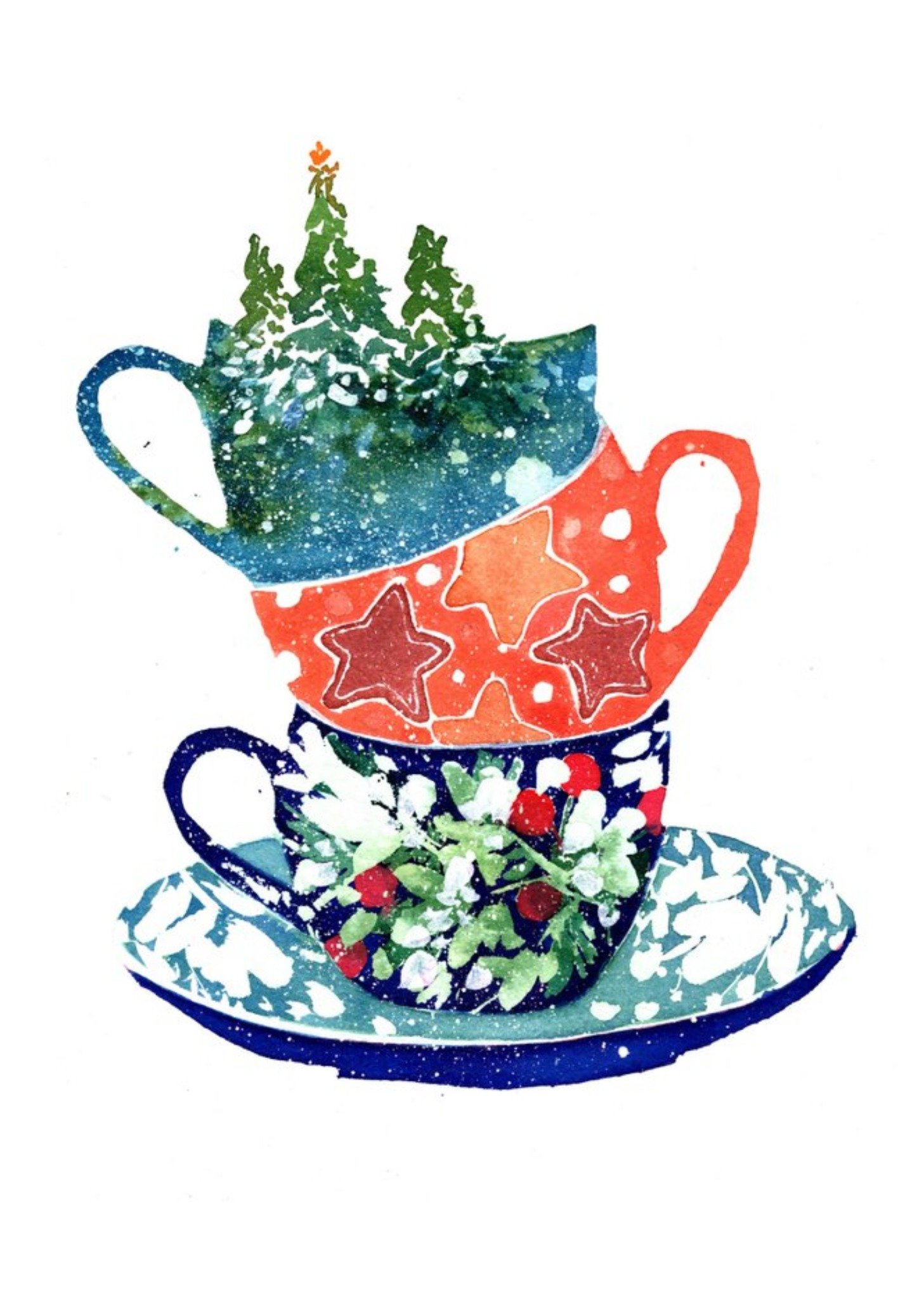 Moonpig Festive Teacups Watercolour Illustration Christmas Card, Large