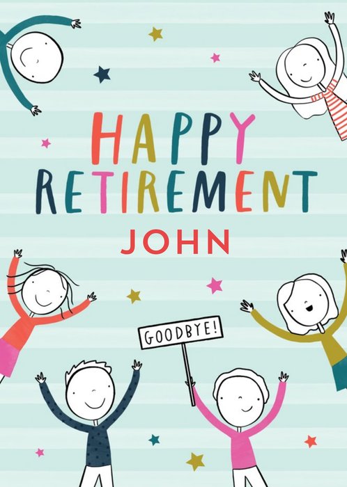 Quirky Illustration Of People Surrounding Colourful Text Happy Retirement Card