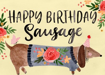 Traditional Illustrated Sausage Dog Happy Birthday Sausage Card