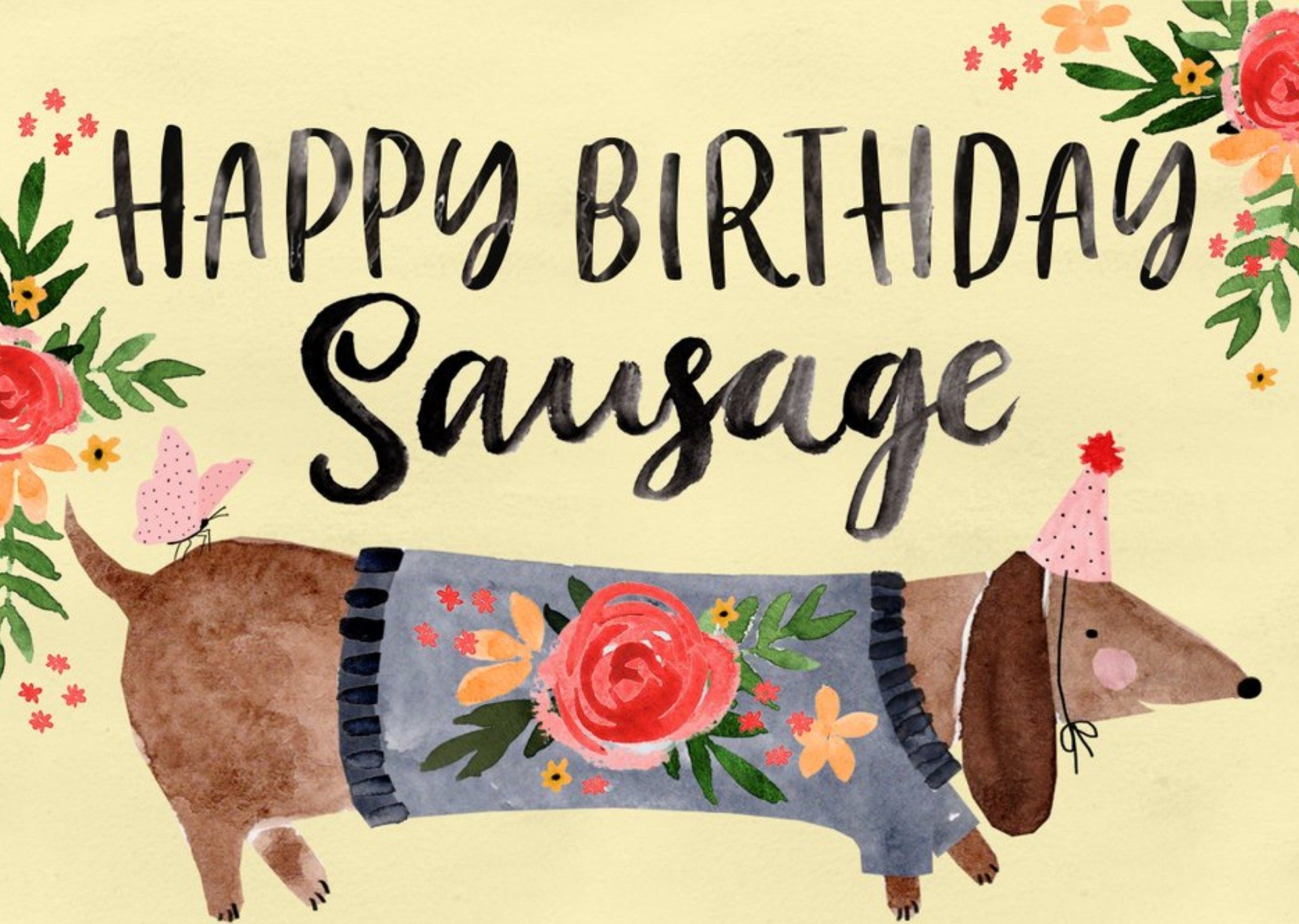 Okey Dokey Design Traditional Illustrated Sausage Dog Happy Birthday Sausage Card, Large