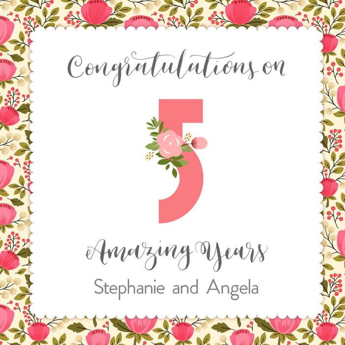 Merry And Bright Floral Background Personalised Happy 5th Anniversary Card